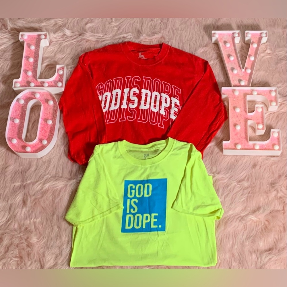 God Is Dope Women's Red and Yellow Long & Short Sleeve Tees  2 Pack Bundle